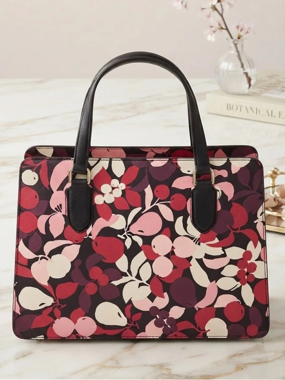 kate spade Floral Print Leather Satchel in Pink, Red & Black